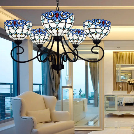Blue Stained Glass Victorian Pendant Chandelier 5-Light Indoor Lighting For Foyer