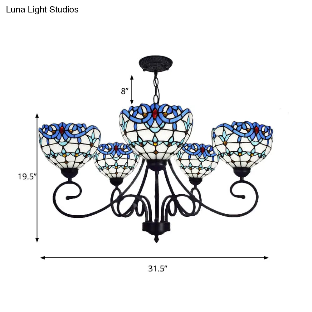 Blue Stained Glass Victorian Pendant Chandelier 5-Light Indoor Lighting For Foyer