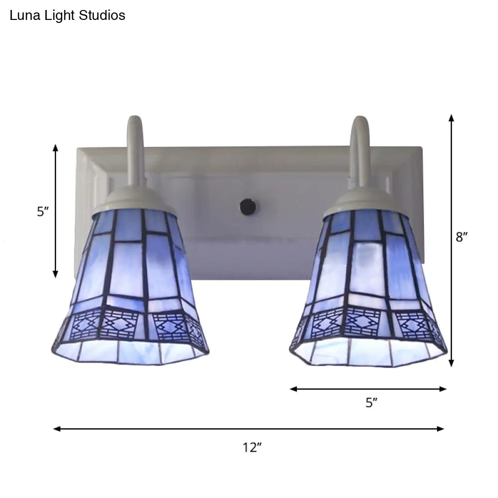 Blue Stained Glass Wall Sconce Lamp With 2 Heads - Mission Style For Dining Room