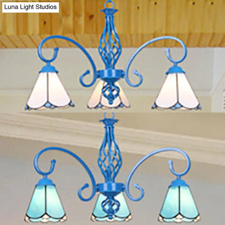 Blue Tiffany Chandelier - Curved Arms With Stained Glass Cone Shades 3 Lights Perfect For Foyer In