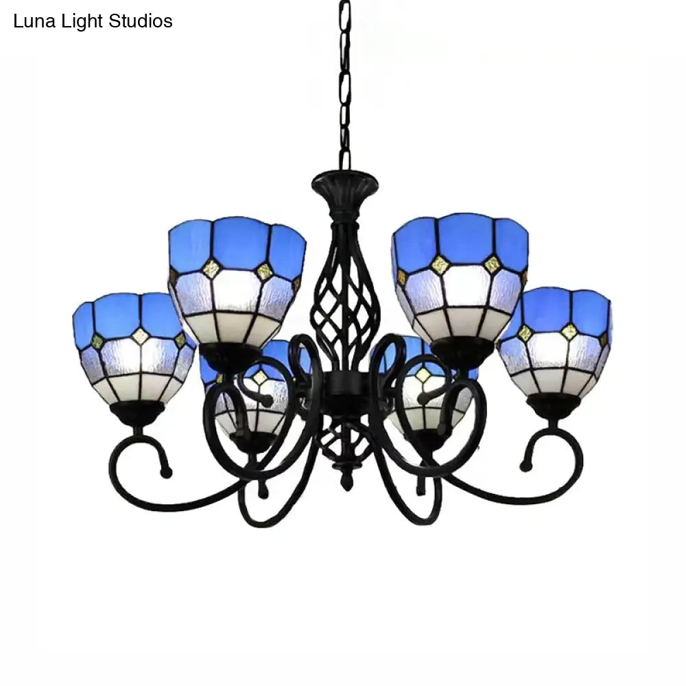 Blue Tiffany Chandelier With Art Glass Shades & Jewel Decor - 6 Light Pendant For Living Room