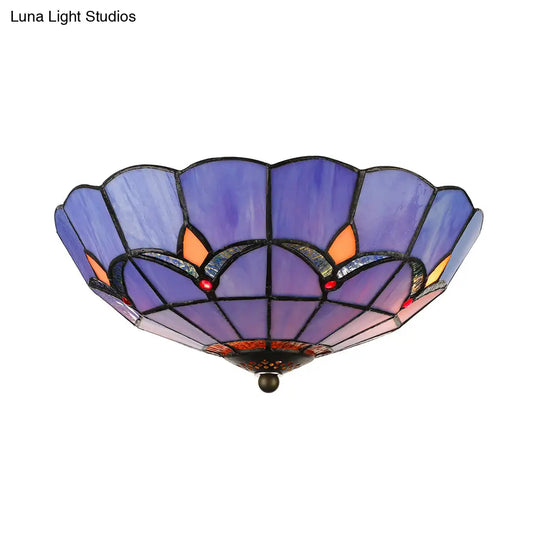 Blue Tiffany Dome Flush Mount Ceiling Lights With Jewel Decoration In Various Sizes For Bedroom