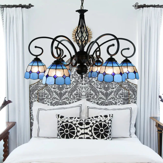 Blue Tiffany Grid Dome Ceiling Light With 6/8 Lights - Perfect Bedroom Lighting 6 /