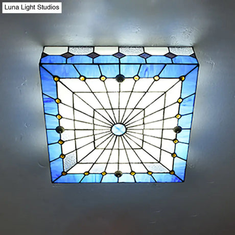 Blue Tiffany Style Stained Glass Flushmount Light - 1 Fixture For Dining Room (12/16 W)