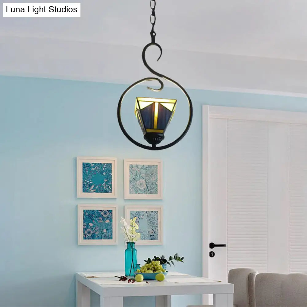 Blue Tiffany Style Stainless Glass Pyramid Pendant Ceiling Lamp With 1 Light