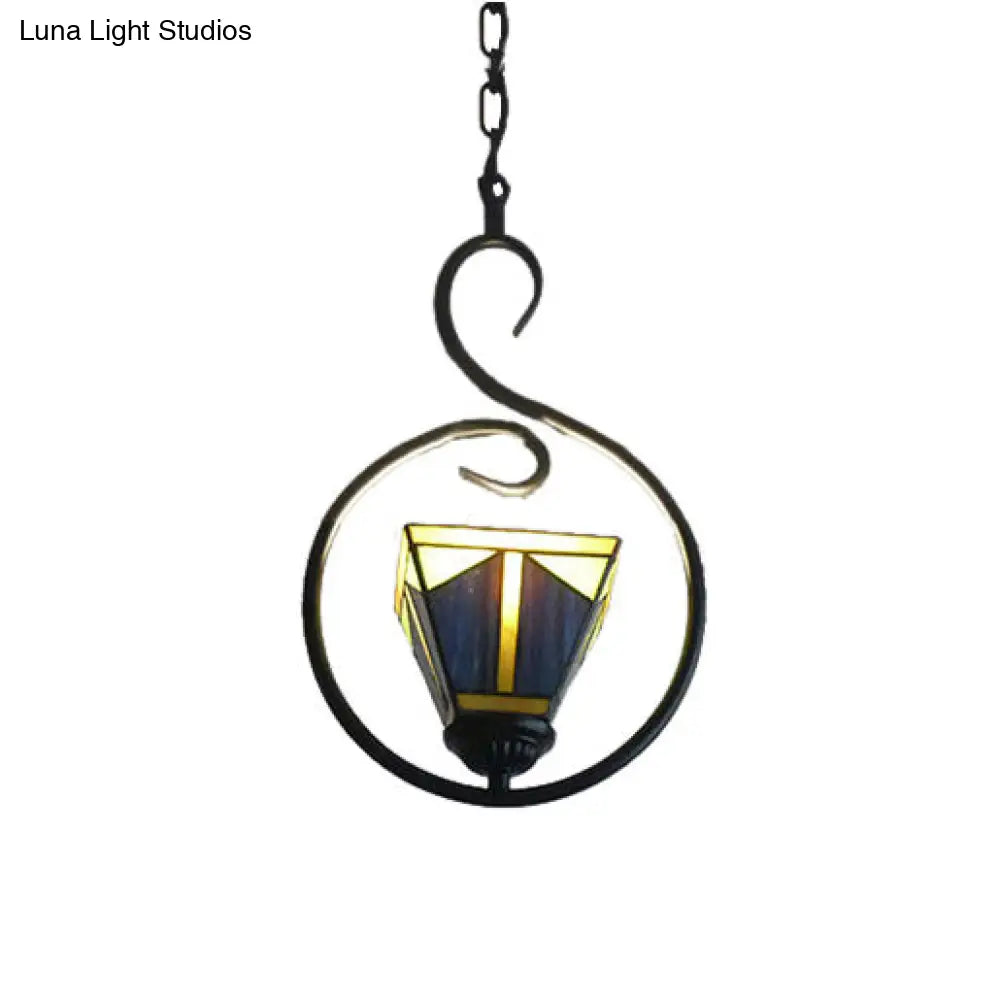 Blue Tiffany Style Stainless Glass Pyramid Pendant Ceiling Lamp With 1 Light