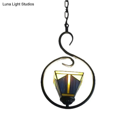 Blue Tiffany Style Stainless Glass Pyramid Pendant Ceiling Lamp With 1 Light