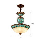 Blue Vintage Dome Hanging Lamp- 15/19 Wide Ribbed Glass Etching 3 Heads Down Lighting