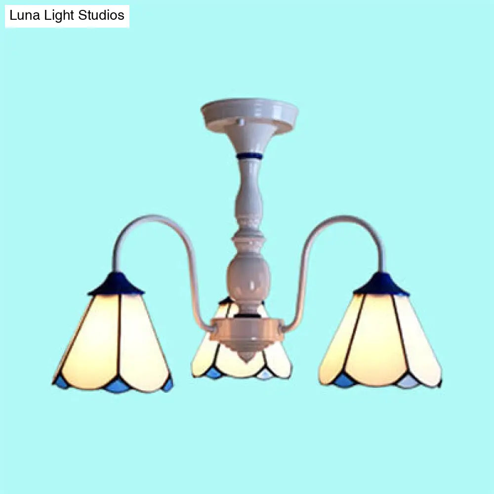 Blue/White Tiffany Ceiling Light With Stained Glass Cone Shade - 3 Lights Curved Arm Semi Flush