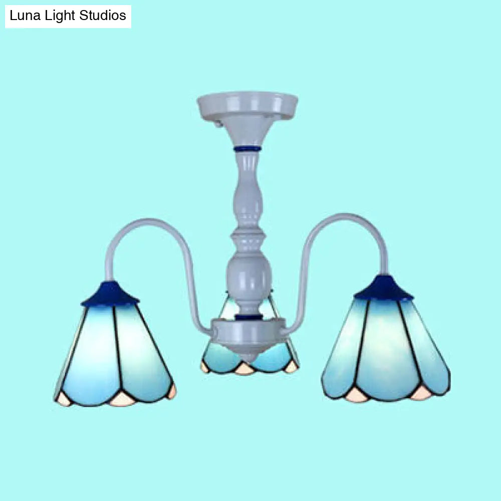 Blue/White Tiffany Ceiling Light With Stained Glass Cone Shade - 3 Lights Curved Arm Semi Flush