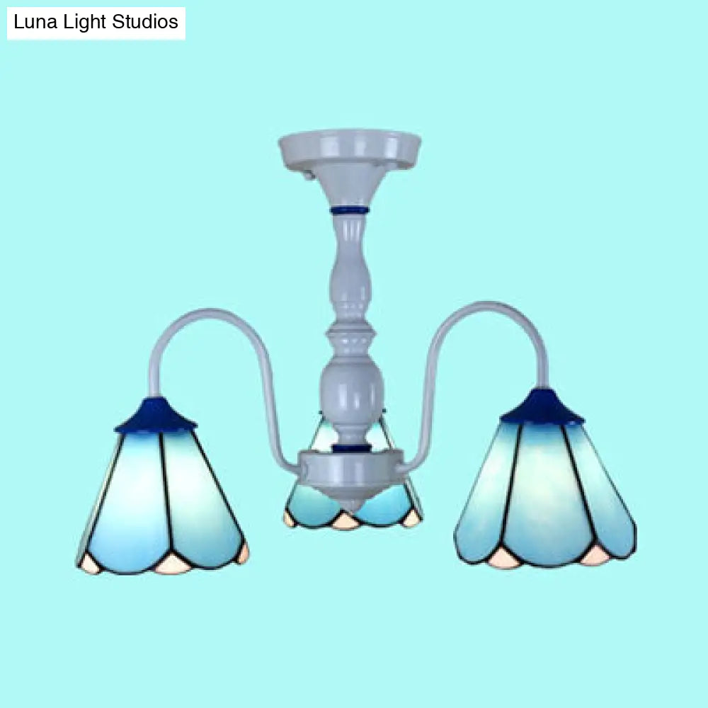 Blue/White Tiffany Ceiling Light With Stained Glass Cone Shade - 3 Lights Curved Arm Semi Flush
