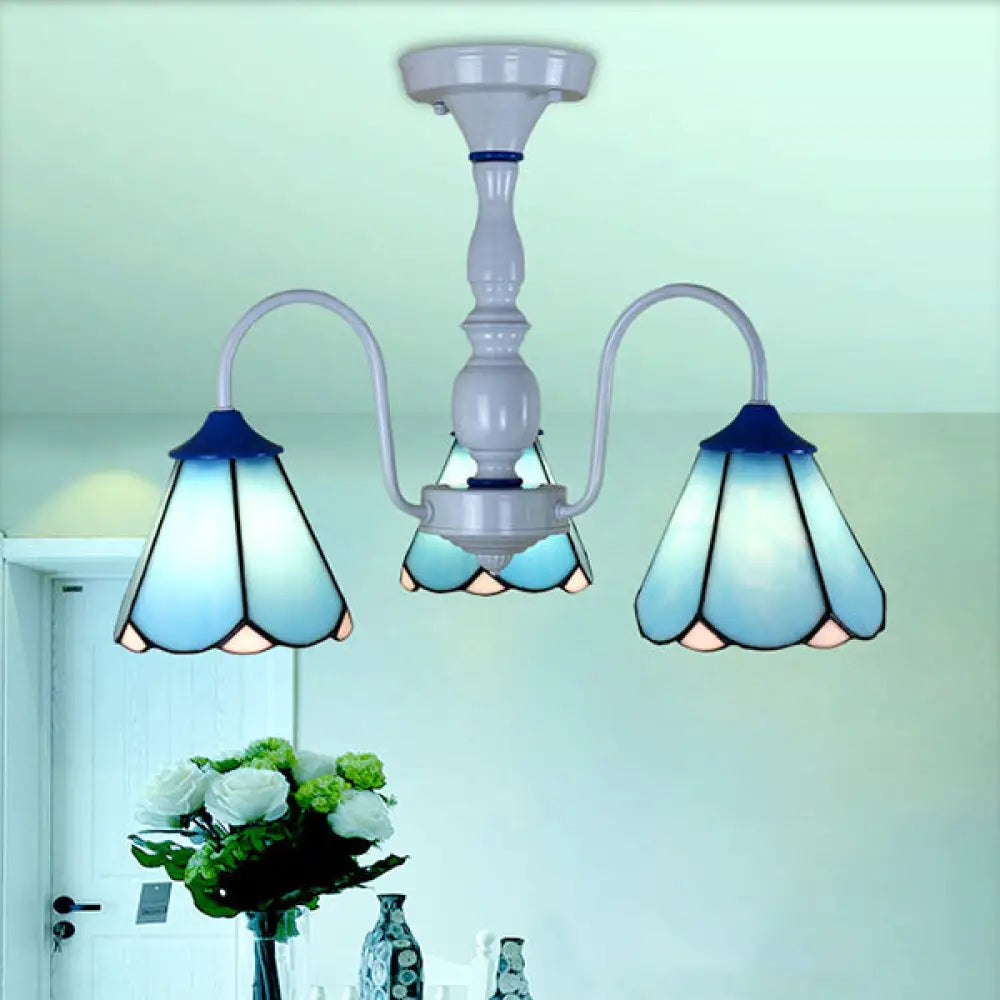 Blue/White Tiffany Ceiling Light With Stained Glass Cone Shade - 3 Lights Curved Arm Semi Flush