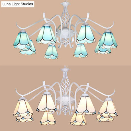 Blue/White Tiffany Indoor Pendant Light: Multi Light Cone Chandelier With Metal Chain - Ideal For