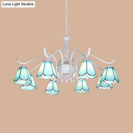 Blue/White Tiffany Indoor Pendant Light: Multi Light Cone Chandelier With Metal Chain - Ideal For