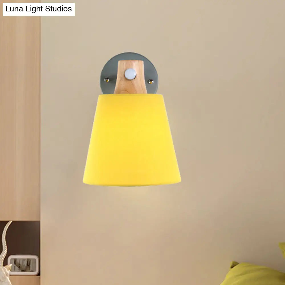 Blue/White/Yellow Macaron Fabric Conical Wall Light Fixture: Unique Sconce Design With Straight Arm