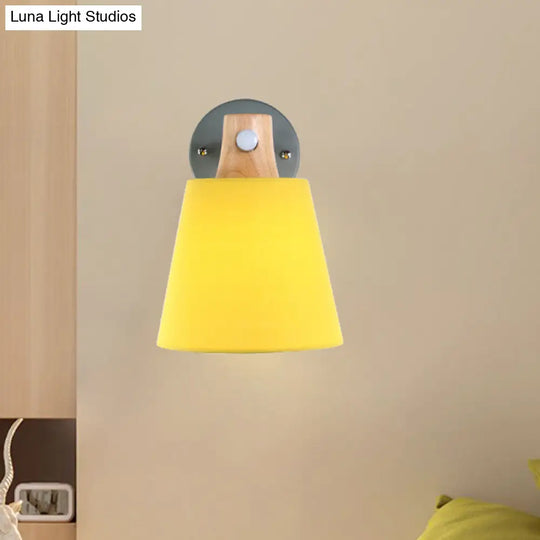 Blue/White/Yellow Macaron Fabric Conical Wall Light Fixture: Unique Sconce Design With Straight Arm
