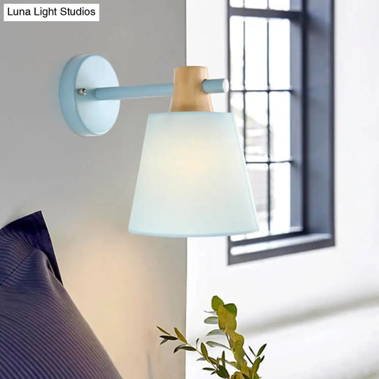 Blue/White/Yellow Macaron Fabric Conical Wall Light Fixture: Unique Sconce Design With Straight Arm