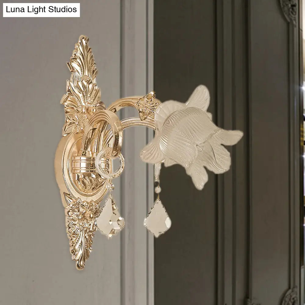 Bluebells Frosted Glass Wall Sconce In Gold For Traditional Family Room