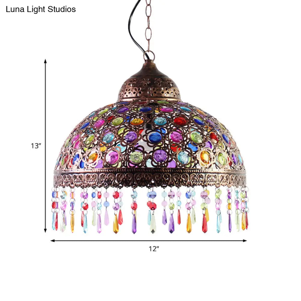 Bohemia Dome Pendant Light - Rustic Aged Brass With Crystal Bead Accent Ideal For Restaurants