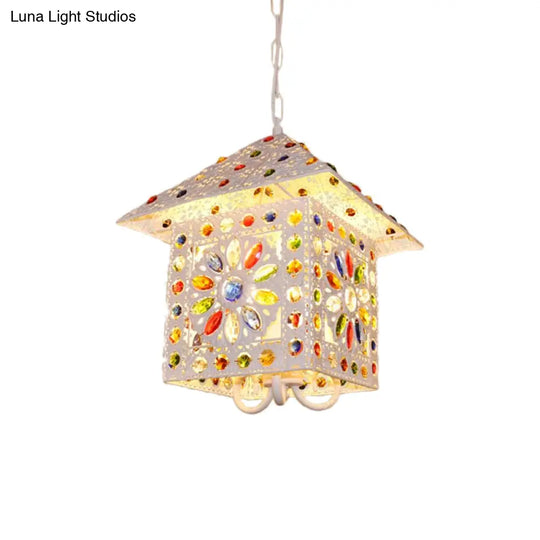 Bohemia House Metal Chandelier Light With Crystal Gem Accents - 3 Lights Pendant Lamp In White