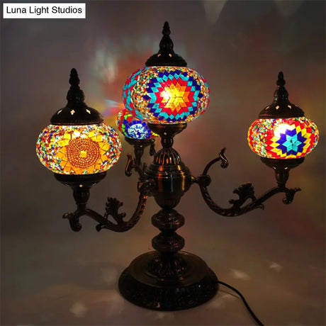 Bohemia Oval Stained Glass Nightstand Light - 4 Bulbs Red/Yellow/Orange Bedroom Lighting
