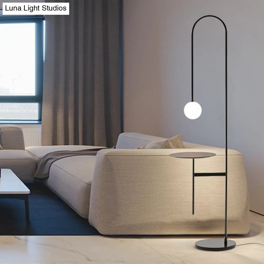 Bow Shaped Minimalist Iron Floor Lamp With Milk Glass Shade And Table - Black Stand Up Lighting