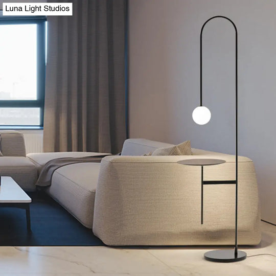 Bow Shaped Minimalist Iron Floor Lamp With Milk Glass Shade And Table - Black Stand Up Lighting