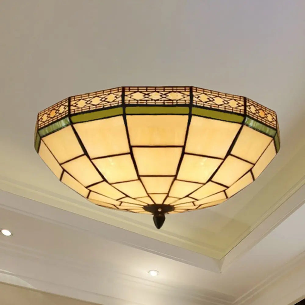 Bowl Flush Ceiling Light 8’/8.5’/10’ Stained Glass 3 Lights In Beige - Traditional Lighting