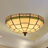 Bowl Flush Ceiling Light 8’/8.5’/10’ Stained Glass 3 Lights In Beige - Traditional Lighting