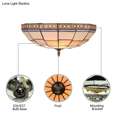 Bowl Flush Ceiling Light 8’/8.5’/10’ Stained Glass 3 Lights In Beige - Traditional Lighting