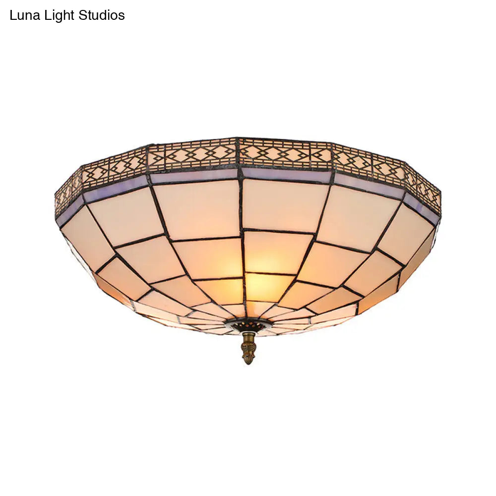 Bowl Flush Ceiling Light 8’/8.5’/10’ Stained Glass 3 Lights In Beige - Traditional Lighting