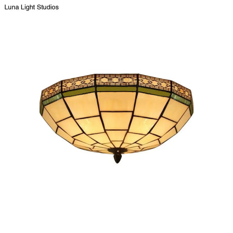 Bowl Flush Ceiling Light 8’/8.5’/10’ Stained Glass 3 Lights In Beige - Traditional Lighting