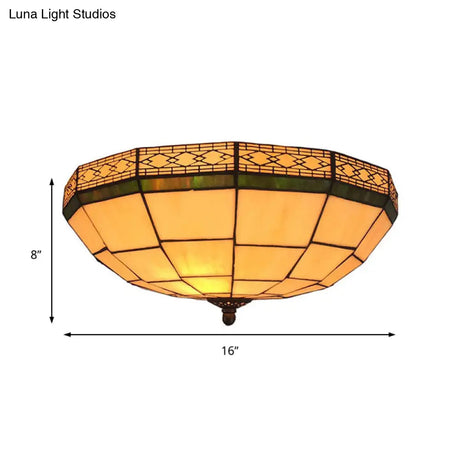Bowl Flush Ceiling Light 8’/8.5’/10’ Stained Glass 3 Lights In Beige - Traditional Lighting