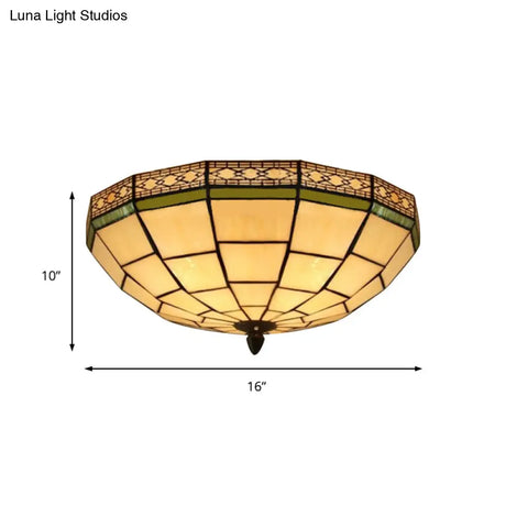 Bowl Flush Ceiling Light 8’/8.5’/10’ Stained Glass 3 Lights In Beige - Traditional Lighting