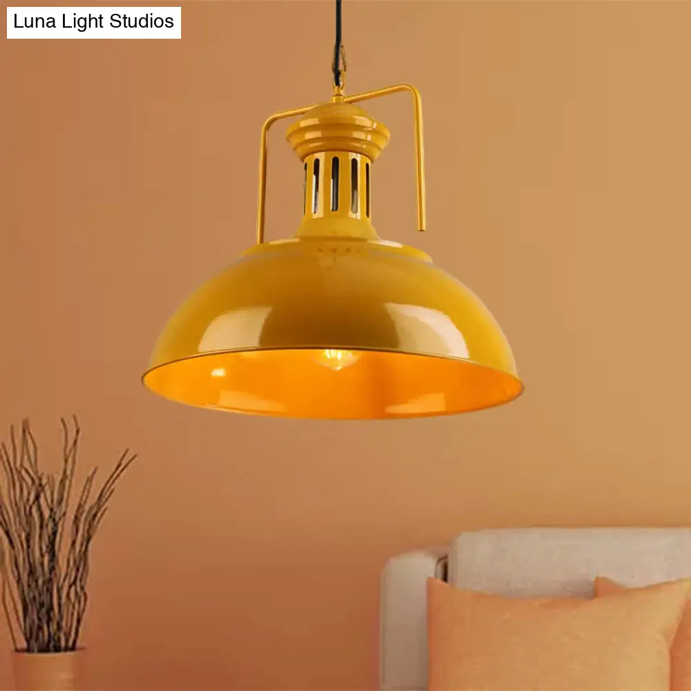 Metallic Industrial Bowl Pendant Light Fixture With Vented Socket In Red/Yellow For Dining Table