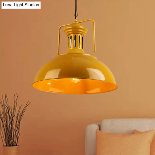 Metallic Industrial Bowl Pendant Light Fixture With Vented Socket In Red/Yellow For Dining Table