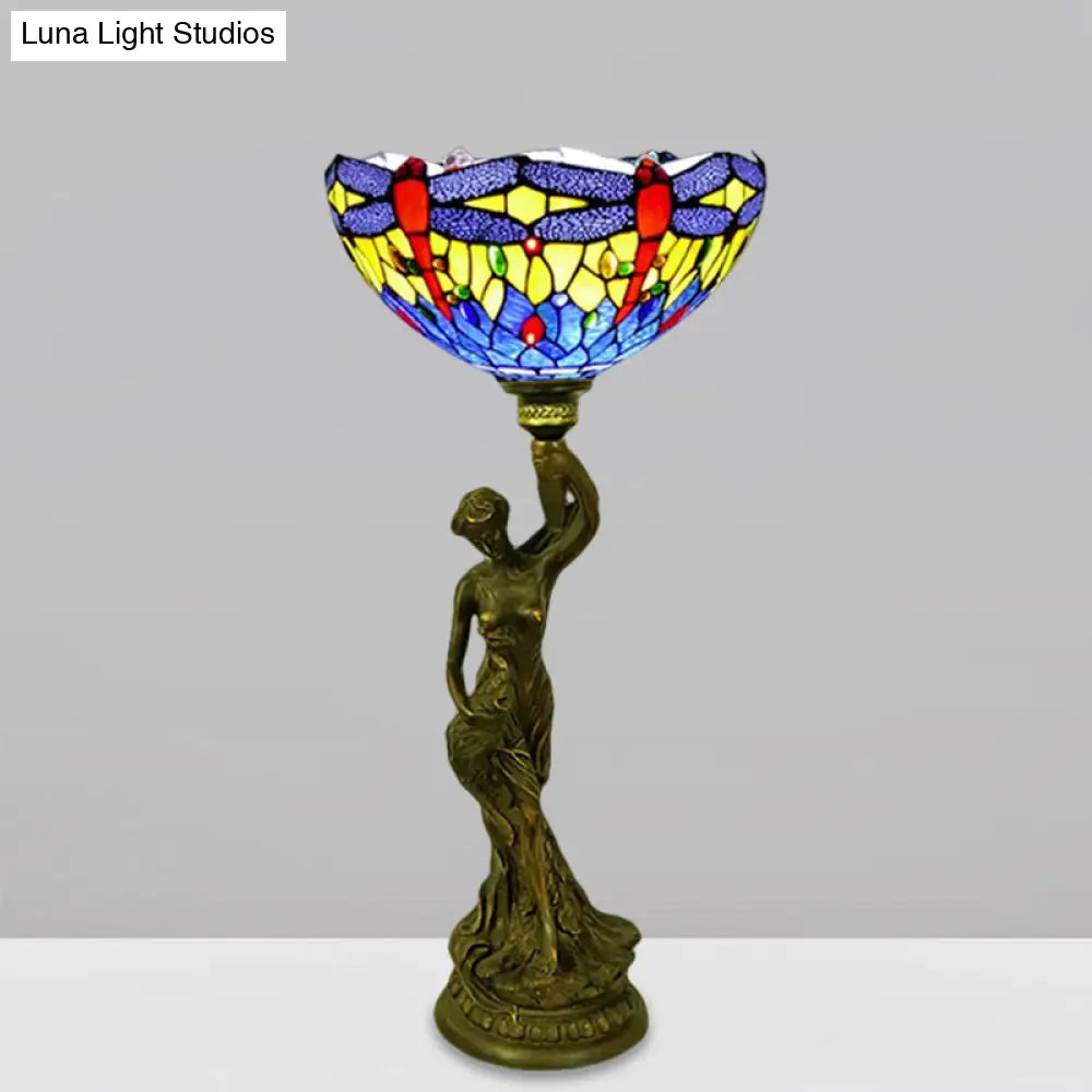 Bowl Table Night Lamp In Brass With Stained Glass Baroque Petal/Dragonfly Pattern & Resin Naked