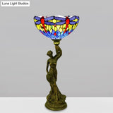 Bowl Table Night Lamp In Brass With Stained Glass Baroque Petal/Dragonfly Pattern & Resin Naked