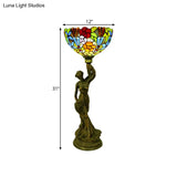 Bowl Table Night Lamp In Brass With Stained Glass Baroque Petal/Dragonfly Pattern & Resin Naked