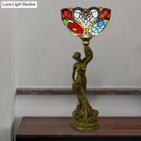 Bowl Table Night Lamp In Brass With Stained Glass Baroque Petal/Dragonfly Pattern & Resin Naked