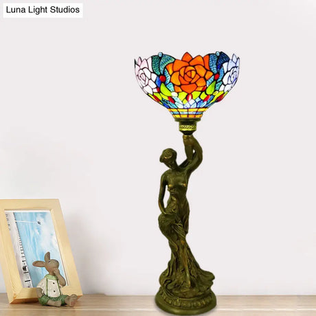 Bowl Table Night Lamp In Brass With Stained Glass Baroque Petal/Dragonfly Pattern & Resin Naked