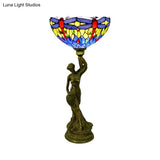 Bowl Table Night Lamp In Brass With Stained Glass Baroque Petal/Dragonfly Pattern & Resin Naked