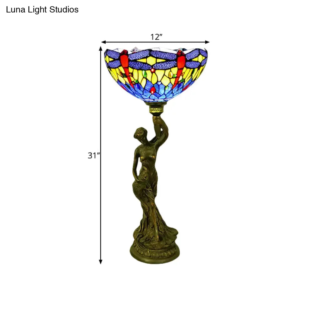 Bowl Table Night Lamp In Brass With Stained Glass Baroque Petal/Dragonfly Pattern & Resin Naked