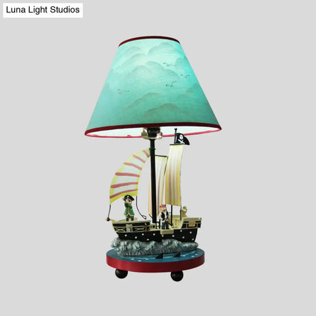 Boys Pirate Sailboat Bedside Lamp With 1 Light Resin Construction And Blue Conical Shade