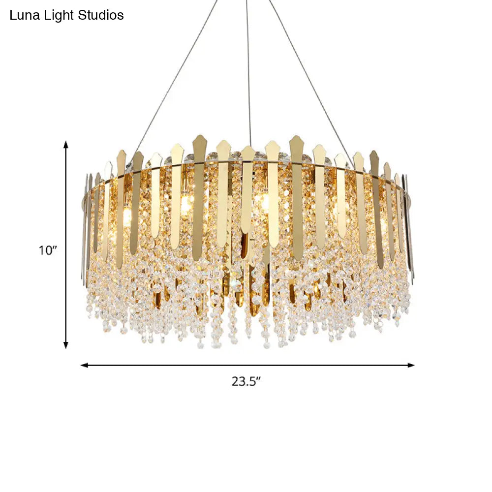 Brass Chandelier Light - 6-Light Living Room Hanging Kit With Drum Crystal Strand Shade