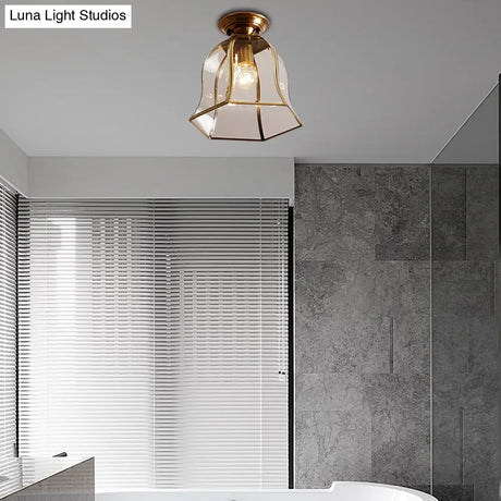 Brass Colonial Bell Ceiling Light - Clear Glass Flush Mount Foyer Fixture