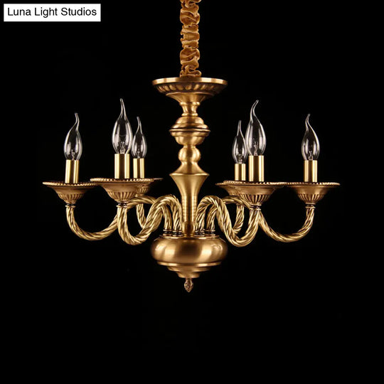 Brass Colonial Candle Chandelier Pendant Light With Curved Hemp Rope Arm - 3/5/6 Lights