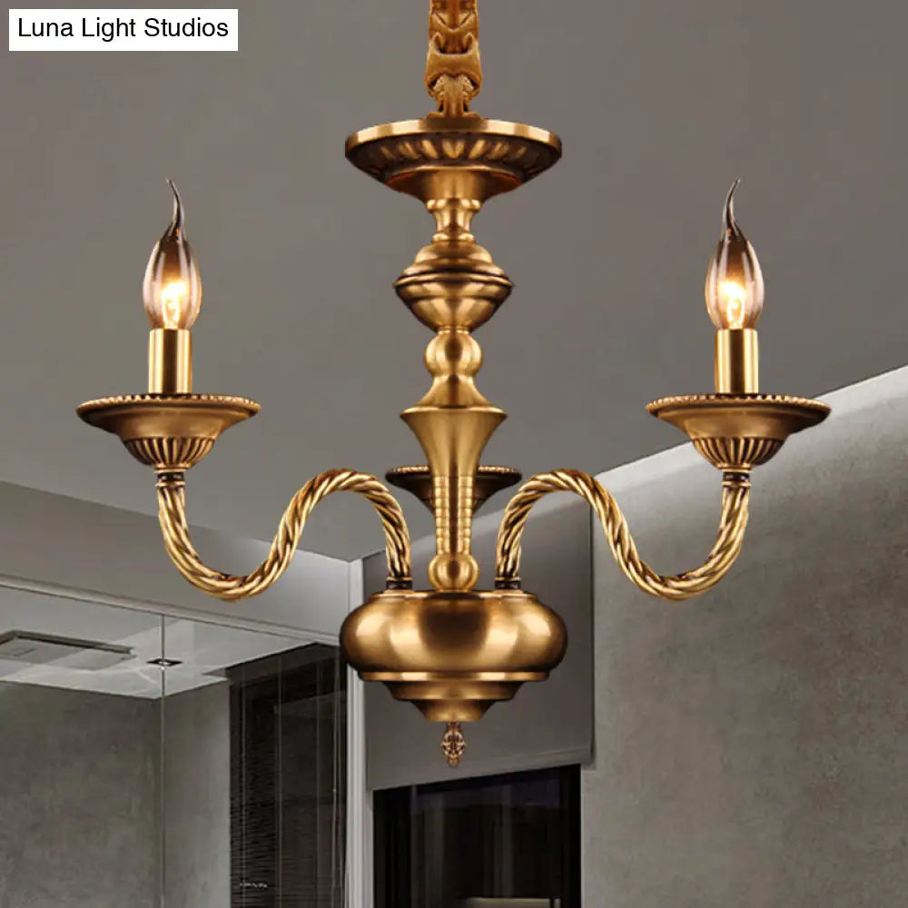 Brass Colonial Candle Chandelier Pendant Light With Curved Hemp Rope Arm - 3/5/6 Lights