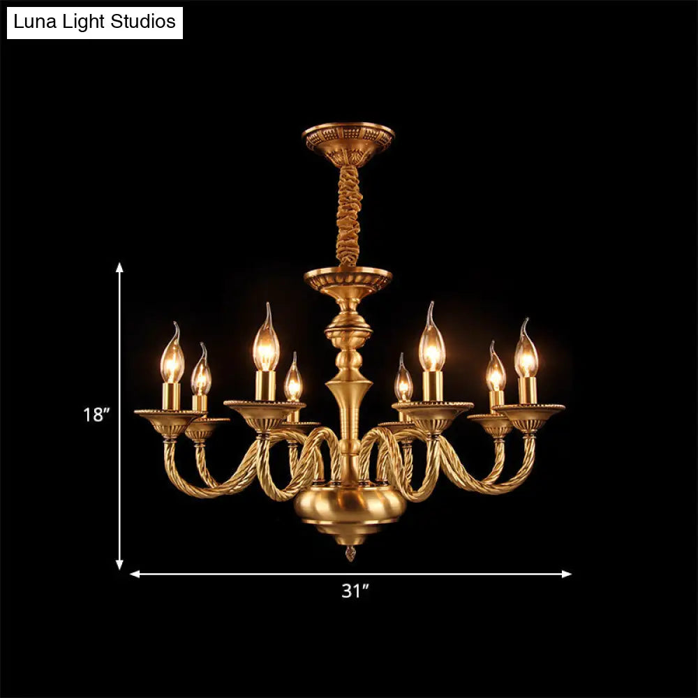 Brass Colonial Candle Chandelier Pendant Light With Curved Hemp Rope Arm - 3/5/6 Lights