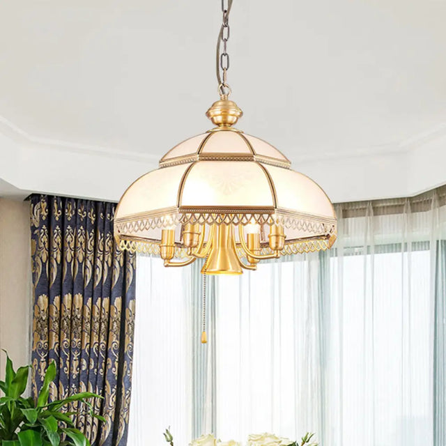 Brass Colonial Chandelier Lamp With Milk Glass Dome - 5 Heads Pendant Light For Bedroom